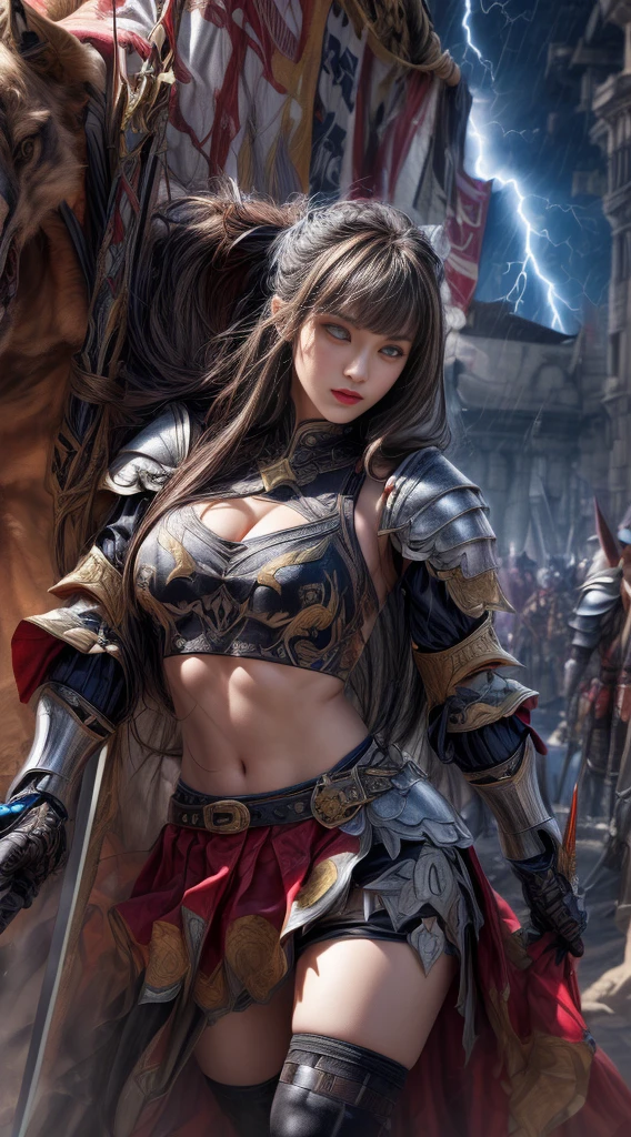 Cowboy Shot、Very beautiful woman、Slender women、(Detailed face)、Realistic Skin、((evil knight)), (Black Armor)、((((非常に細かく複雑な装飾が施されたBlack Armor))))、((Delicate photo)),(Girl Astepeace RAW Photo Details:1.25), (Highest quality:1.6), (Ultra-high resolution:1.5), (Realistic:1.75), 8K resolution, Canon EOS R5, 50mm, Absurd, Super detailed,Cinema Lighting,Battlefields of Medieval Europe、((Fight))、RPG World、Final Fantasy、(((Decorative skirt)))、Thigh-high socks、Shingard、night、((Long hair with bangs,))、Get a six pack、Torn Cloak、Beautiful Armor、(((Giant Sword)))、In combat、The wind is blowing、((Asymmetric Armor:1.5))、(((thunderstorm)))、((Knight Commander))、(((Leading a large group of black knights)))、banner、Wolf Pattern:1.5、(((Battle Scenes)))、