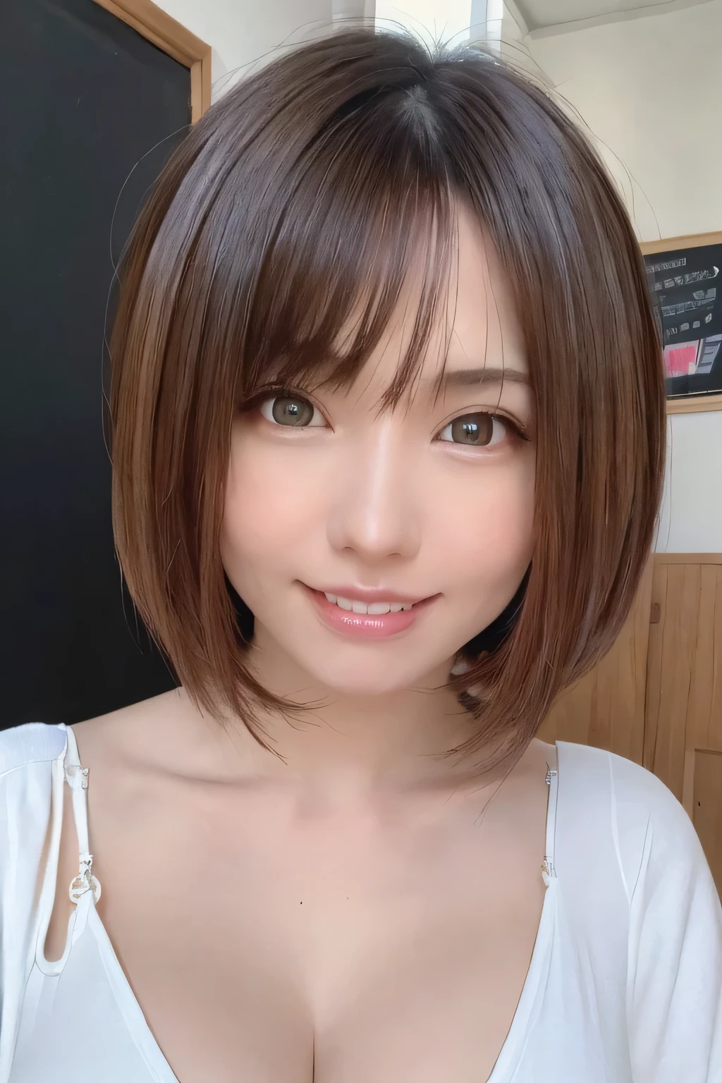 ((masterpiece)), ((Highest quality)), ((Complex)), ((Surreal)), (Realistic), (Mature Woman), ((There are no classes)), Very detailed, (1 female), Beautiful and exquisite, (Beautiful Teeth), Grin, Brunette Bob Hair, Brown eyes, ((blouse)), (Upper Body), (background:none), Perfect Eyes, Captivating eyes, Looking at the audience