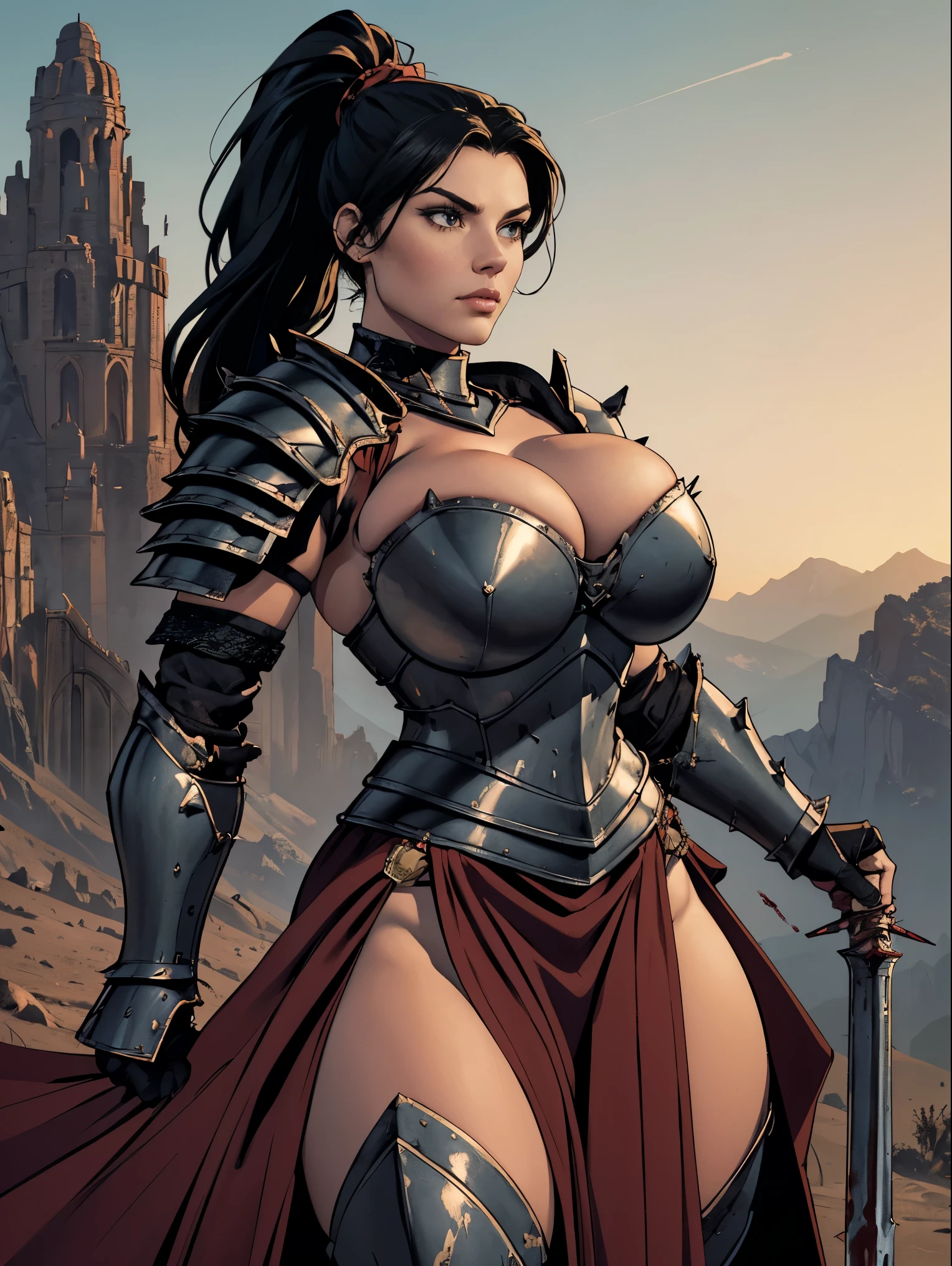(masterpiece, top quality, best quality, official art, beautiful and aesthetic:1.2), (1girl:1.3), ((Sharp facial features, sharp features, hawkish features)), ((big hair, long black hair, ponytail)), big tiddy chaos warrior girl, extremely detailed, portrait, looking at viewer, solo, (full body:0.6), detailed background, full-body shot, (hot desert mountain theme:1.1), chaos warrior, (spiky helmet), charlatan, smirk, mysterious, swaying in mountains, armor, red metal, brass trim, long boots, dual axes, blood red fabric, pelvic curtain, loincloth, black leather, ((((armor, heavy armor, blood, armored, gigantic breasts, long legs, pelvic curtain, toned, muscular)))), cute belly button, toned tummy, slim waist, slim hips, long legs, medieval (mountain exterior:1.1) background, dark mysterious lighting, shadows, magical atmosphere, dutch angle