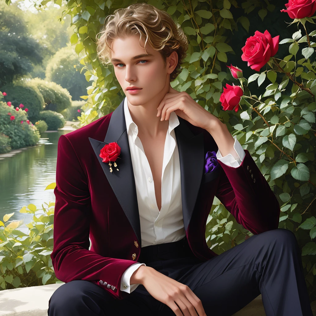 Create an image of a young man inspired by the characteristics of the rose 'The Prince.' The male model should be standing in a poised and regal posture, with one hand lightly touching his chin and the other resting by his side, evoking a sense of deep contemplation and elegance. He should be dressed in a deep, rich velvet jacket in dark red-purple or red wine, adorned with intricate embroidery and layered over a crisp white shirt, complemented by dark tailored trousers and polished black shoes. His clothing should reflect the complex, multi-petaled structure of the rose, with detailed textures and luxurious fabrics.
The composition should place the model slightly off-center, allowing for a view of a lush garden background with glossy green leaves and hints of blooming roses, creating a natural yet sophisticated setting. Soft, diffused lighting should be used to highlight the model's features and clothing, casting gentle shadows that add depth and dimension to the image. The overall atmosphere should be one of quiet intensity and refined elegance, with a subtle hint of romanticism.
The photo should be taken at eye level with a slight upward angle to emphasize the model's regal presence, using a medium-format camera like the Hasselblad H6D-100c for its exceptional detail and color accuracy. A prime lens with a wide aperture, such as the Zeiss Otus 85mm f/1.4, should be used to achieve a shallow depth of field, ensuring the model stands out sharply against the softly blurred background.
For inspiration, consider the works of photographers like Mario Testino, known for his ability to capture elegance and refinement in fashion photography, and Tim Walker, whose use of lush, dreamlike settings and intricate details would complement the theme perfectly. ((full-body image)), fashion sketching, realistic drawing, ((imperfect water color drawing background)),