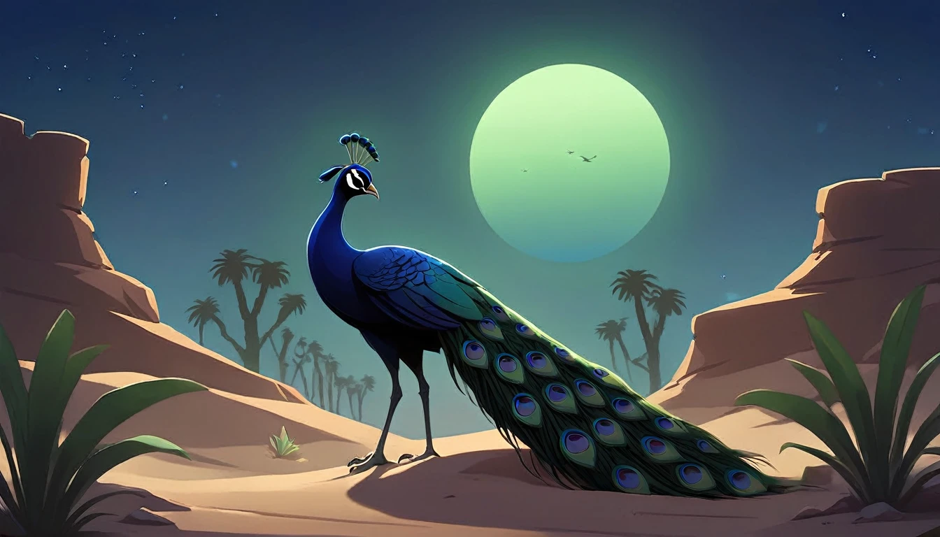 An oasis in the desert,There are many plants in the oasis,Green plants,There is a bunch of plants on the left,There is a peacock silhouette in the dark night,The silhouette sticks its neck out from a pile of plants。Nightfall,Very dark,In addition to the blue light of the moon that shines all over the desert,No other light