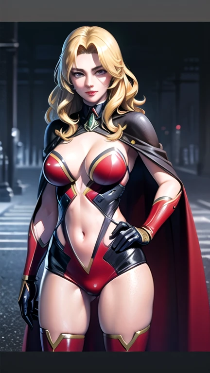 1girl,Alicia Viewsrtream,red lips,red impossible clothes,red elbow gloves,red thigh boots,cape,incredibly absurdres,Volumetric Lighting,moody lighting,thighs,realistic,reality,hetero,smug,fighting_stance, best quality:1.4, intricate details, sharp focus, highres, eleborate atmosphere:0.90, 8K, 4K, UHD, 32k UHD resolution, realistic photo, professional photography, Ultra Detailed 8K CG, ultra high res, High quality texture, High quality shadows, vivid colors, detailed eyes, chromatic aberration, depth of field, soft lighting, masterpiece, best quality, intricate, (lens reflection: 0.7), (flowering: 0.7), particle effects, ray tracing, tone mapping, highly detailed, concept art, smooth, sharp focus, dramatic lighting, highly detailed art, cinematic, hyper-realistic painting, trending on Artstation, 8K, amazing shadows, realistic, (highly detailed background: 1.2), mid-journey art