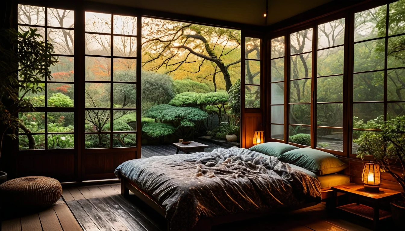 The picture shows a cozy bedroom with large windows offering views of the beautiful, dimly lit garden AND FLOWER-soaked gardens. CINEMATIC, gloomy, cloudy atmosphere outside JAPANESE HOUSE, This room has tatami floors, shoji doors and minimalist wooden furniture. . The bed was unmade with crumpled sheets, indicating only sleep in peace. looks dim, gloomy. Beside the bed there is a small table with a classic lamp burning which radiates warm light into the room. Outside the window, lush green plants can be seen on the terrace or balcony area, rain is falling, the lamp on the left provides warm lighting, creating a calm and peaceful atmosphere. with mist partially obscuring the landscape in the distance. The contrast between the warmth indoors and the rain outdoors creates an inviting and calming atmosphere