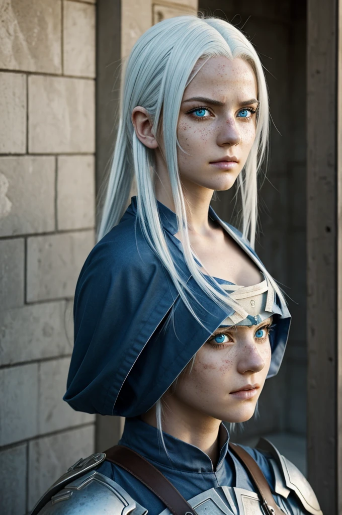 attack on titan screencrap of a girl with white hair and blue eyes, with light freckles, a marked face and serene look in the costume of the reconnaissance legion