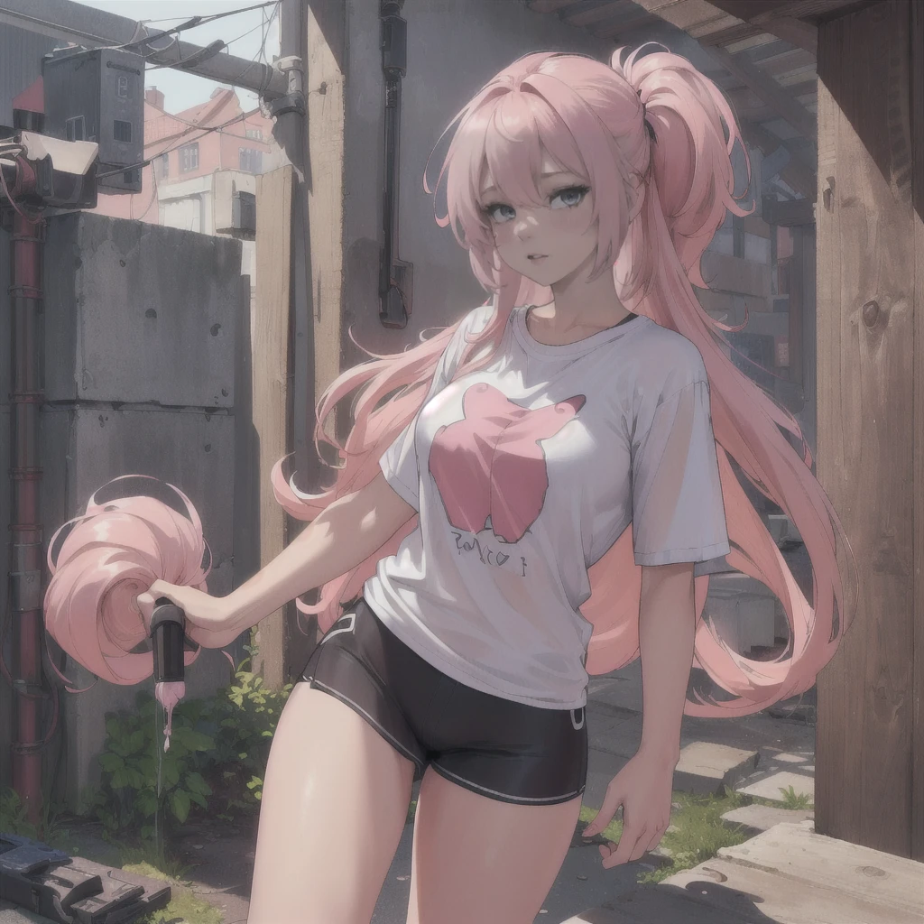 (8K, CRU photo, best qualityer, work of art:1.2),(realisitic, photo-realisitic:1.37), ((best qualityer)), ultra high resolution,extremely detailed CG unity 8K wallpaper, 1womanl, ultra long hair, pink hair, muslos grandes, t-shirt longa, pantyrose.