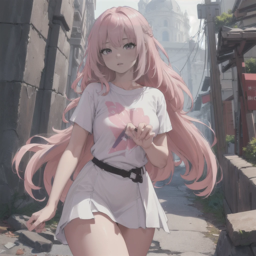 (8K, CRU photo, best qualityer, work of art:1.2),(realisitic, photo-realisitic:1.37), ((best qualityer)), ultra high resolution,extremely detailed CG unity 8K wallpaper, 1womanl, ultra long hair, pink hair, muslos grandes, t-shirt longa, pantyrose.