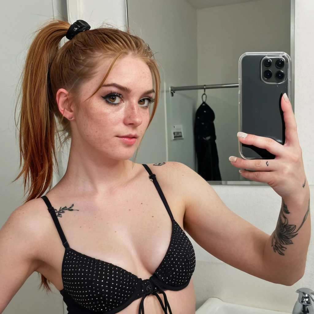 iphone mirror selfie, holding phone, ginger girl, greek, freckles, ponytail wrapped hair, tattoed, black eyes, dark eyes, black g string, punk rock make up, black thong,