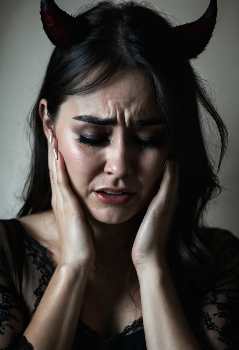 Woman crying covering her ears, be shadowy behind putting your hands on your shoulders, beautfull woman, demonic shadow.