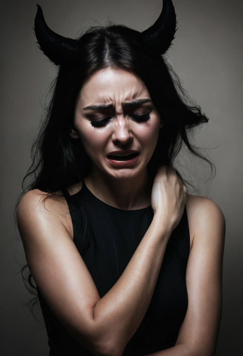 Woman crying covering her ears, be shadowy behind putting your hands on your shoulders, beautfull woman, demonic shadow.