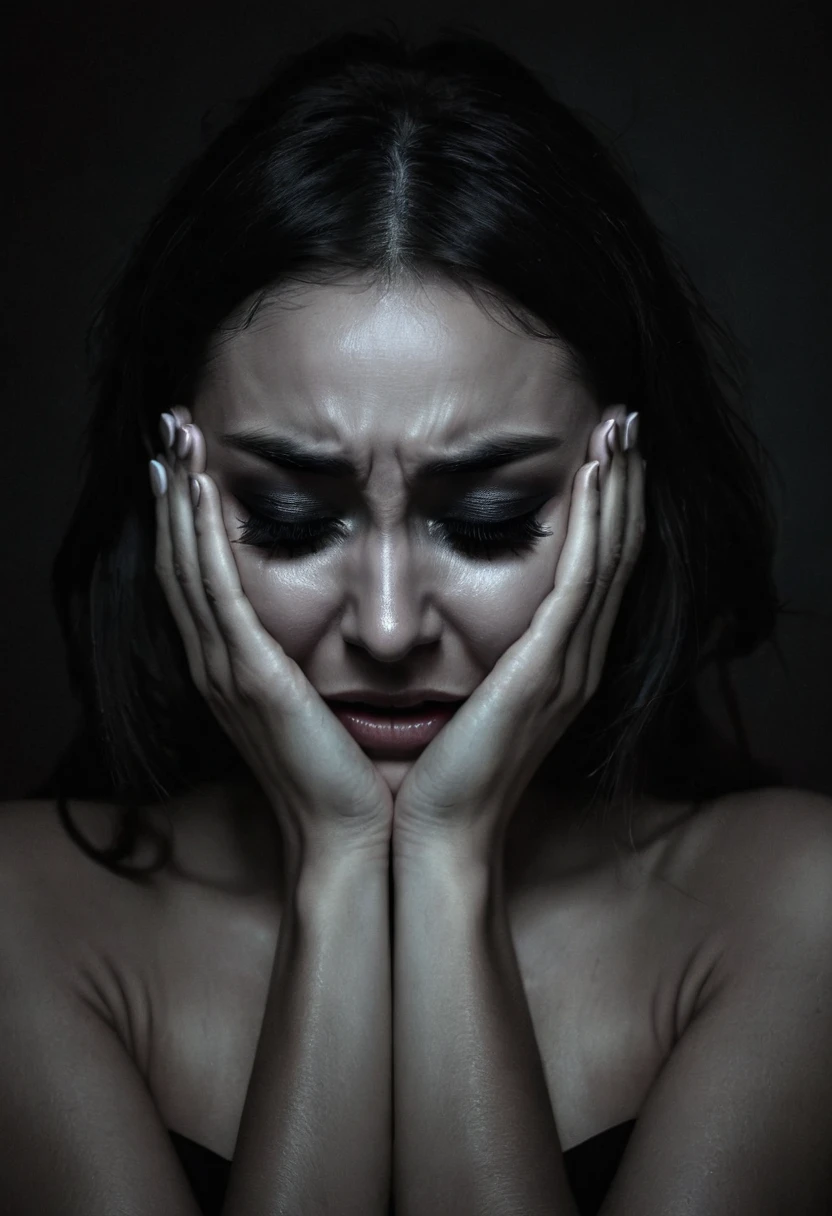 Woman crying covering her ears, be shadowy behind putting your hands on your shoulders, beautfull woman, demonic shadow. 