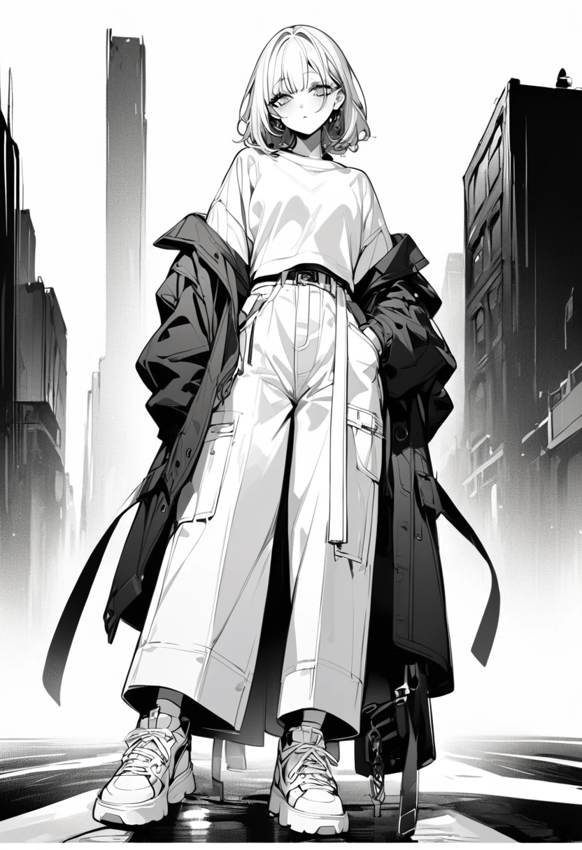 (masterpiece、Highest quality:1.2、8K)、Centered、Only one girl、Street Shirts、Street style wide pants、Monochromatic sneakers、whole body、Simple Background、White background、Delicate eyes