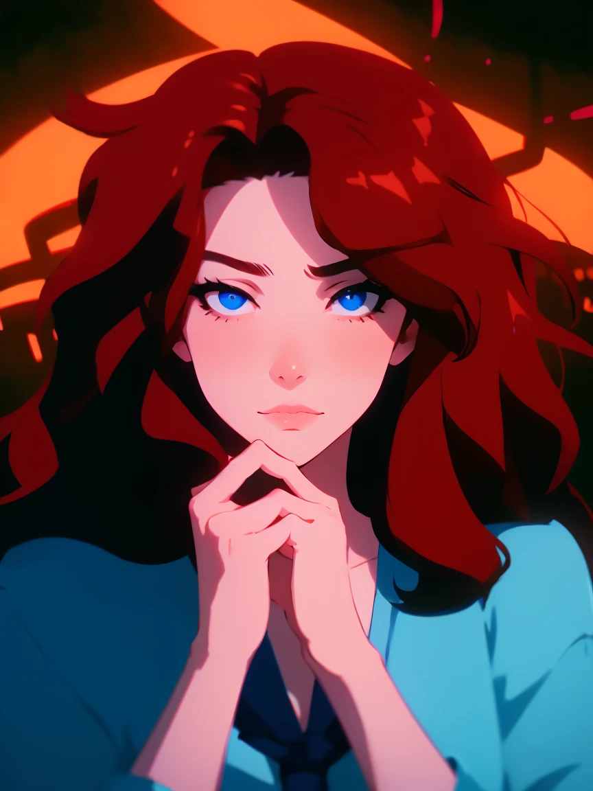 A girl with red wavy hair, detailed facial features, blue tie, praying, red background, best quality, 4k, 8k, highres, masterpiece:1.2, ultra-detailed, realistic, photorealistic, photo-realistic:1.37, HDR, UHD, studio lighting, ultra-fine painting, sharp focus, physically-based rendering, extreme detail description, professional, vivid colors, bokeh, portrait