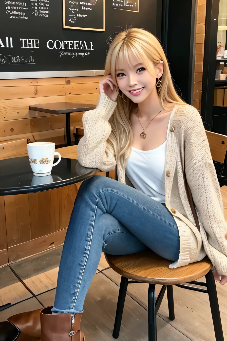 Woman sitting on a chair in a coffee shop、(Full body photo)(Head to toe)blonde、Clear beauty、hairstyle semi long、ear piercing、Necklace around the neck、Put a cardigan over your shoulders、blouse、Skinny jeans、Short boots smile、Beautiful teeth alignment、Intricate details, Very detailed:1.2), 、 Looking into the camera、The background is a coffee shop