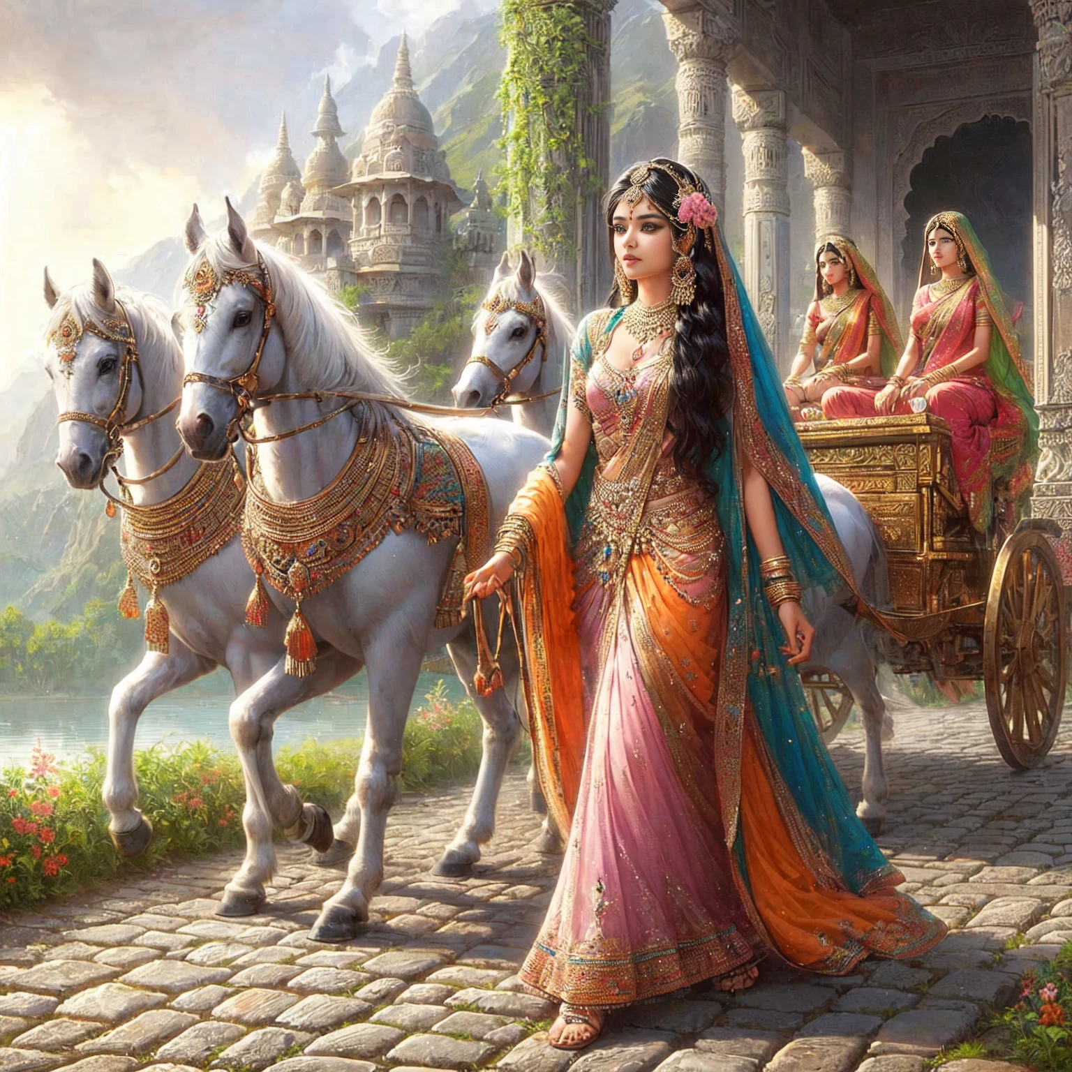 indian woman , Indian Supermodel Beautiful Indian Goddess , Hold the precepts ,  Realistic, exquisite , indian angel , black hair ,horse
