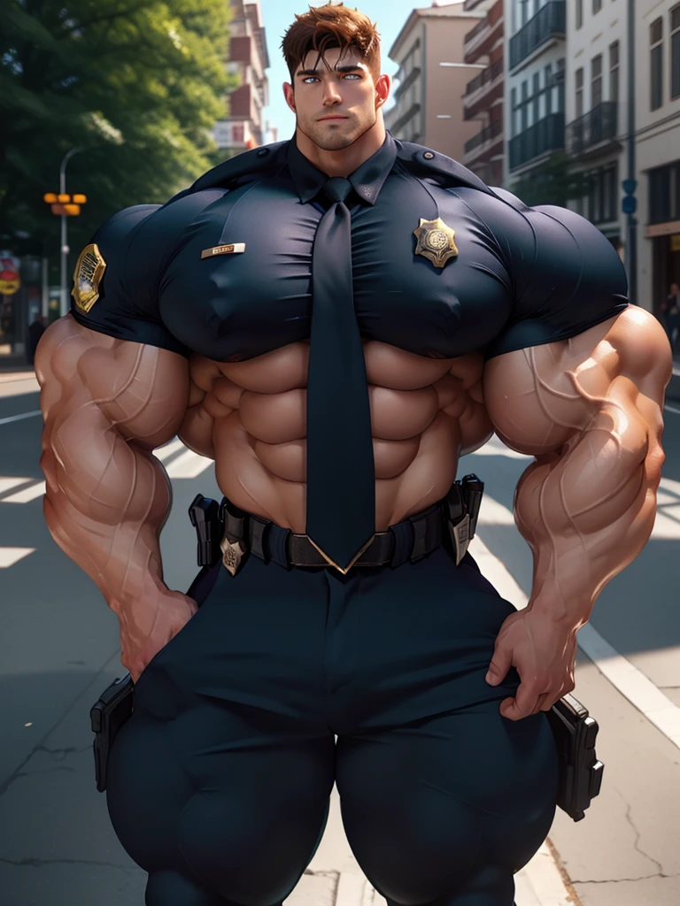 One Tall giant muscular police officer, Mechanical masks, Big Black Mask, on the street outdoors, Brown Superhero Bodysuit, The expression is arrogant, Lift your chin, Messy hair, Thick thighs, Brown Superhero Bodysuit, very tight, Regular symmetrical pattern, Highlight muscles, Police uniform pants, character concept（Resident Evil - Chris Redfield, Chris Redfield）A proud expression, Deep and charming eyes, Heroic male pose, tall Burly, muscular！muscular thighs, tough guy, perfect facial features, High, Burly, Heqiang, Super Buff and Coolness, High Resolution Committee, Charismatic strongman, The sun is blazing, dazzling