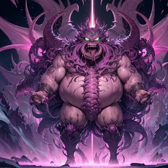 (Best high quality image, very detailed image textures and pixels, carefully detailed, disturbing art)
{{(1character: monster evil universal god monstruosity): (giant obese vaguely-humanoid body, giant deformed baby head, mouths full of square teeth and sharped teeth, 15 multiple muscular arms full of multiple fat fingers with golden claws, purple tongues with pink tentacles, pink and green tendrills in every side of the body, big fat deformed legs with multiple fingers and teeth), (fleshy ethereal nightmarish realm of evil monsters, ground full of long necks with spikes, tendrills full of magical pink energy))}}