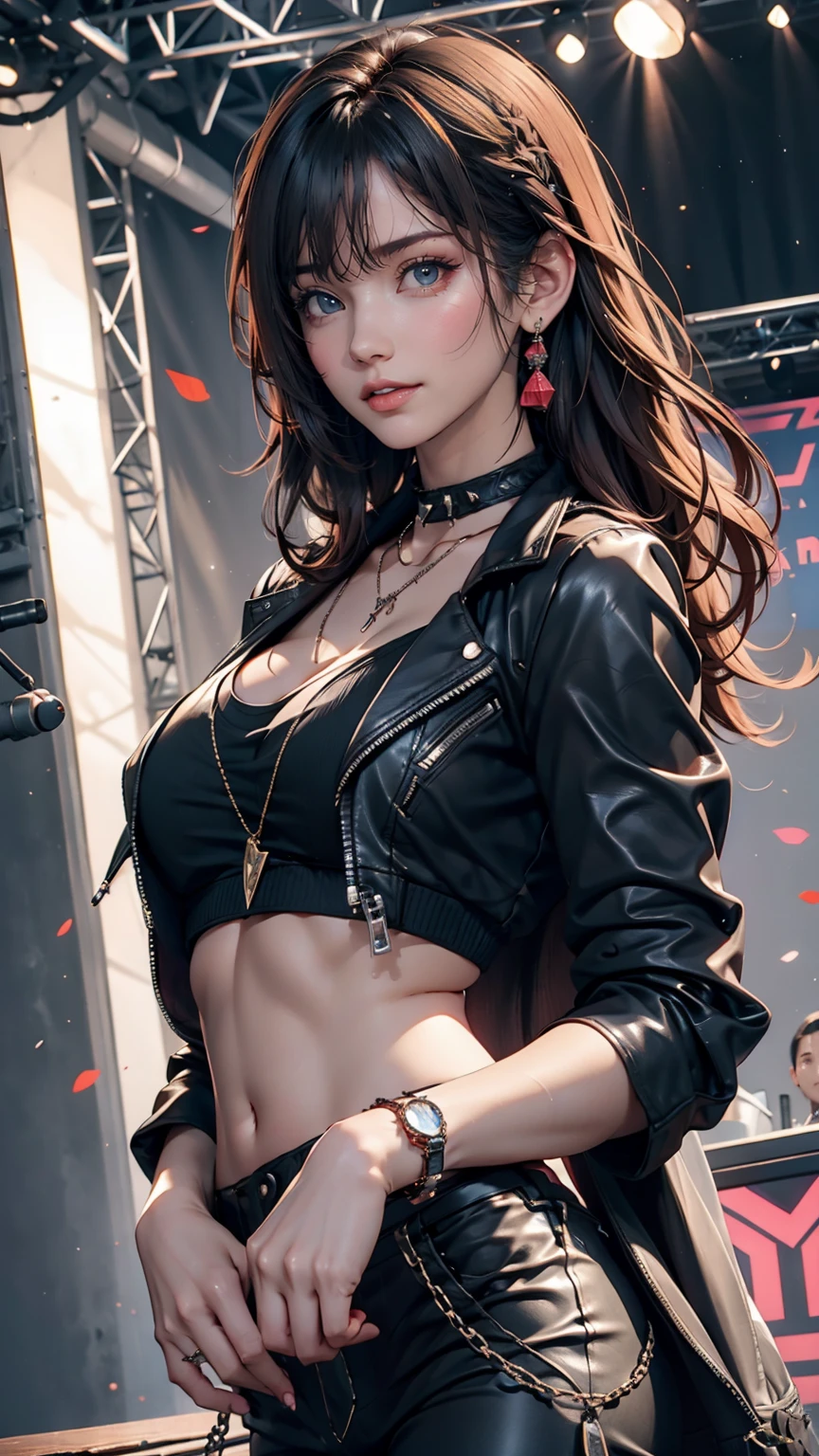 A girl wearing a collar with spikes、24 year old Caucasian female、Sexy proportions、Punk rock fashion、Black Shirt、Leather jacket、Leather leggings、Flashy makeup、long hair、rosary necklace、rosary earrings、Put a spiked bracelet on your wrist、Rock Festival Venues、Go on stage and sing passionately、Lively performances、Colorful spotlight effects
