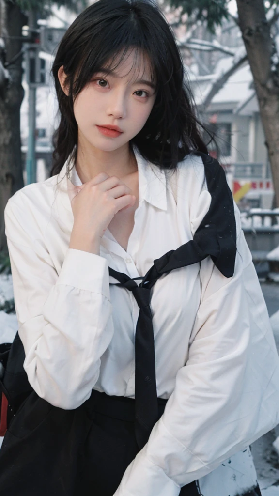 Best quality，masterpiece，1 Girl，Ultra-high resolution，snow，，16K,Snow background，（Photo Realism：1.4),JK，Sexy，（Shirt and Tie：1.2),（Big breasts：1.3),（whole body：1.8)，