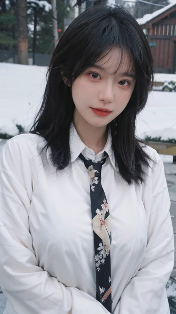 Best quality，masterpiece，1 Girl，Ultra-high resolution，snow，，16K,Snow background，（Photo Realism：1.4),JK，Sexy，（Shirt and Tie：1.2),（Big breasts：1.3),（whole body：1.8)，