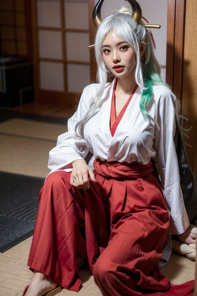 Yamato,One girl,alone,horn,Yamato \(one piece\),kimono,Sitting,Underarm,curled horn,Long Hair,chest,Side bust,rope,Multicolored Hair,Gray Hair,kimono,red horn,No sleeve kimono,indoor,No sleeve,Green Hair,feet,裸feet,hakama pants,They are,ability,hair ornaments,pants,Two-tone hair,very Long Hair,Hakama skirt,Bare arms,
Highest quality,masterpiece,figure,Very delicate and beautiful,CG,Unity,8k wallpaper,wonderful,In detail,masterpiece,Official Art,Very detailed CG Unity 8k wallpaper,Incredibly absurd,Large file size,Super detailed,High resolution,Very detailed,Beautiful detailed girl,Realistic,1 woman, skirts, (show off g-string detailed pantie), (hands skirt lift), from front, cowboy shot, BREAK annoyed,shoot from below