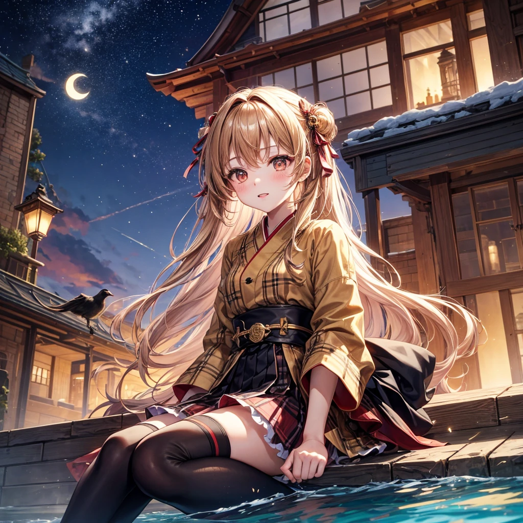 Brown and gold hair、Red gold eyes、Hair tied up、One good looking girl、solo、anime、Checkered mini skirt、Ruffles on the skirt、Checked dress、blouse、Kimono、button、geta、Black knee-high socks、Ribbon、Ribbon on waist、Teeth are visible、Starry Sky、Midnight Moon、Confetti、Brick construction、The scenery is reflected on the water、Sitting on the roof、Legendary Sword、A crow is flying、clock tower