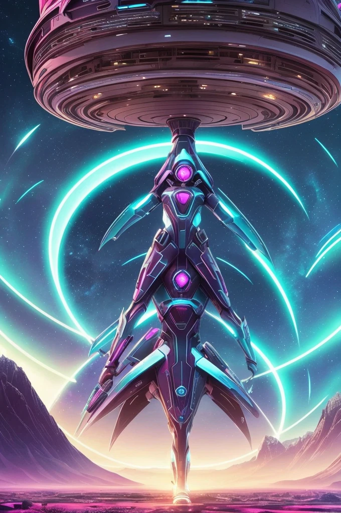 * "Create an 8k female Sirian alien, in a surreal and futuristic landscape, combining natural elements such as mountains and forests with advanced technological structures. Use a vibrant color palette and include details such as neon lights and starry skies. The scene should look like a world science fiction, with a sense of mystery and exploration,UFO."