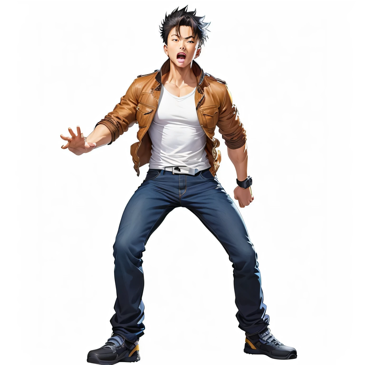 Arafe in a brown jacket and jeans stands, Arms outstretched, pop-up parade figure, fighting pose, whole body!! dynamic action pose, Full Body Movement Pose, whole body 1 / 6 nihei tsutomu, tsurumaki kazuya, dynamic action pose, like a character in Tekken, beautiful anime pose, Hero pose, Anime, vector clipart,