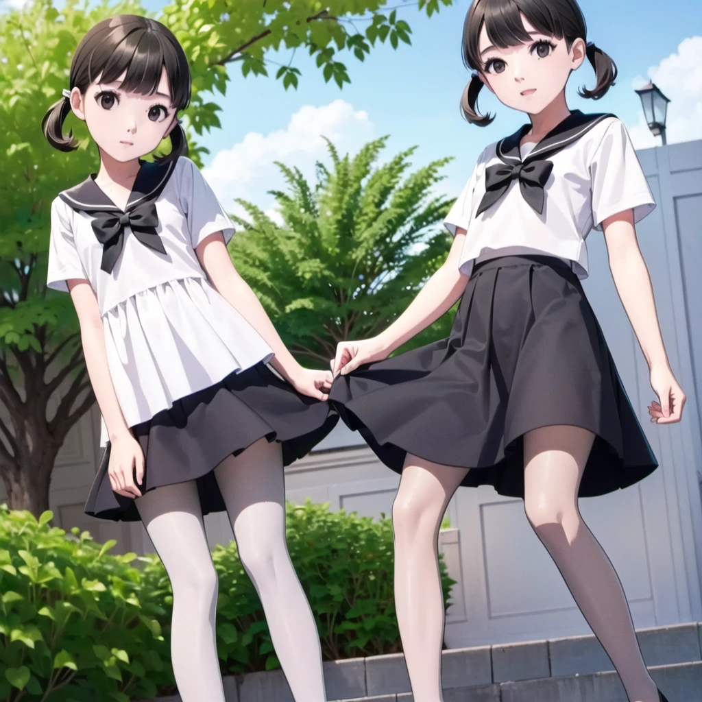 1people々 girl, clear, cute, (View your audience:1.0), detaileds sky, ((masterpiece:1.4, Highest quality)), multiple detaileds, eye shadow, SFW, (Medium Shot:1.5), Gradient Eye,
roller:addition_detailed:0.8>, (Black Pantyhose:1.2), straight,
1people々 girl, have, Sailor, Branch Eyes, short hair, Black Hair, Sailor collar, White shirt, Translucent white long skirt, Below the knee skirt, Murasa Minamitsu, hishaku、smile