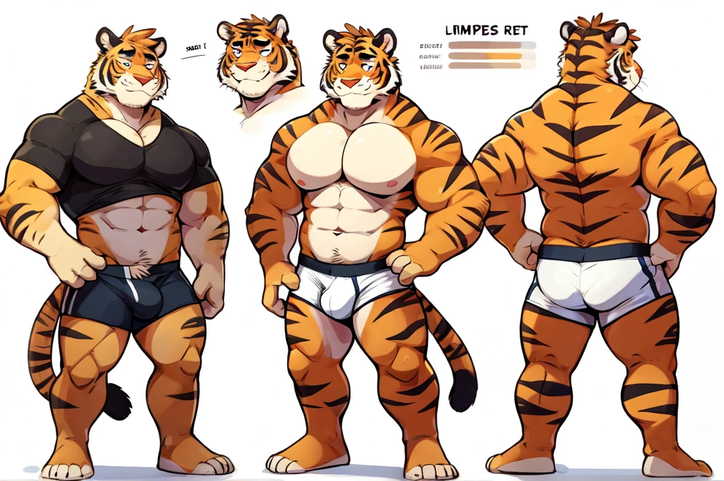 Tiger, By Haps, 1boy, abs, animal ears, bara, bulge, full body, white background, Seminude, Boxers, Character sheet Reference, Full body, backwards