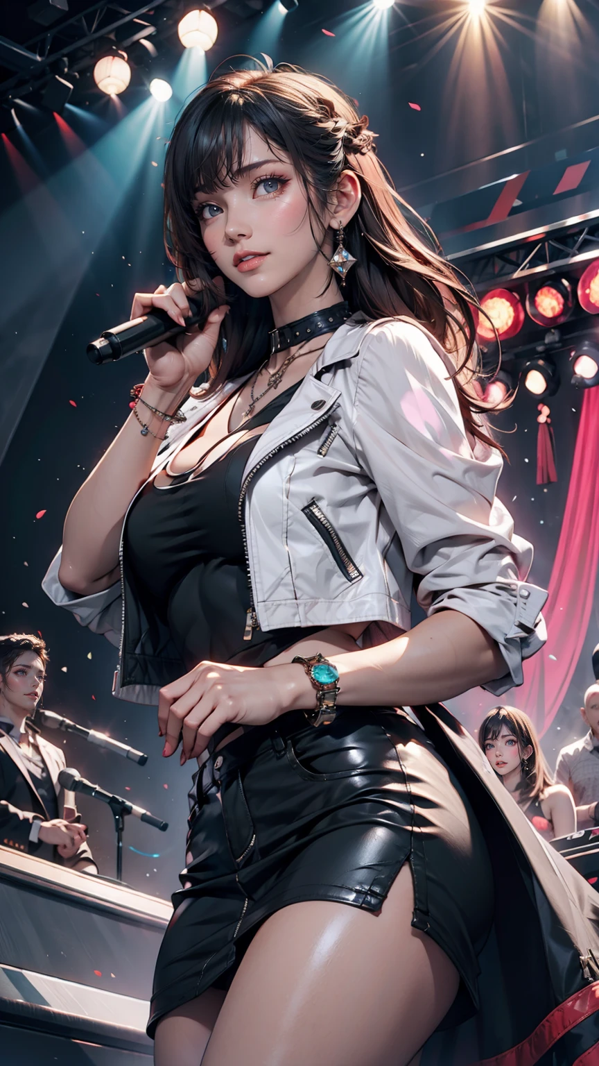 A girl wearing a collar with spikes、24 year old Caucasian female、Sexy proportions、Punk rock fashion、Black Shirt、Leather jacket、Leather leggings、Flashy makeup、long hair、rosary necklace、rosary earrings、Put a spiked bracelet on your wrist、Rock Festival Venues、Go on stage and sing passionately、Lively performances、Colorful spotlight effects