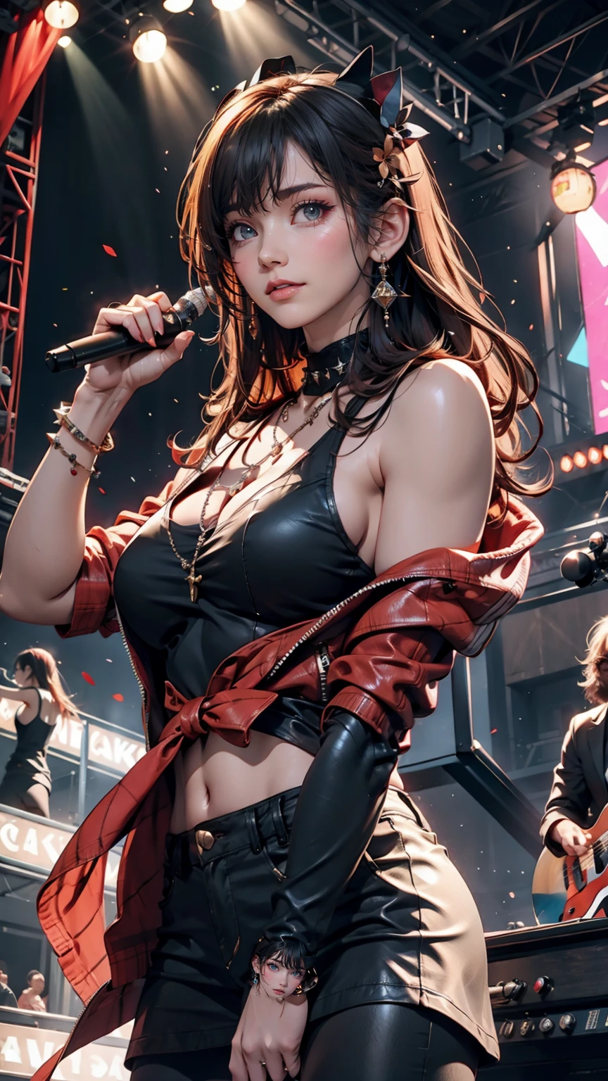 A girl wearing a collar with spikes、24 year old Caucasian female、Sexy proportions、Punk rock fashion、Black Shirt、Leather jacket、Leather leggings、Flashy makeup、long hair、rosary necklace、rosary earrings、Put a spiked bracelet on your wrist、Rock Festival Venues、Go on stage and sing passionately、Lively performances、Colorful spotlight effects