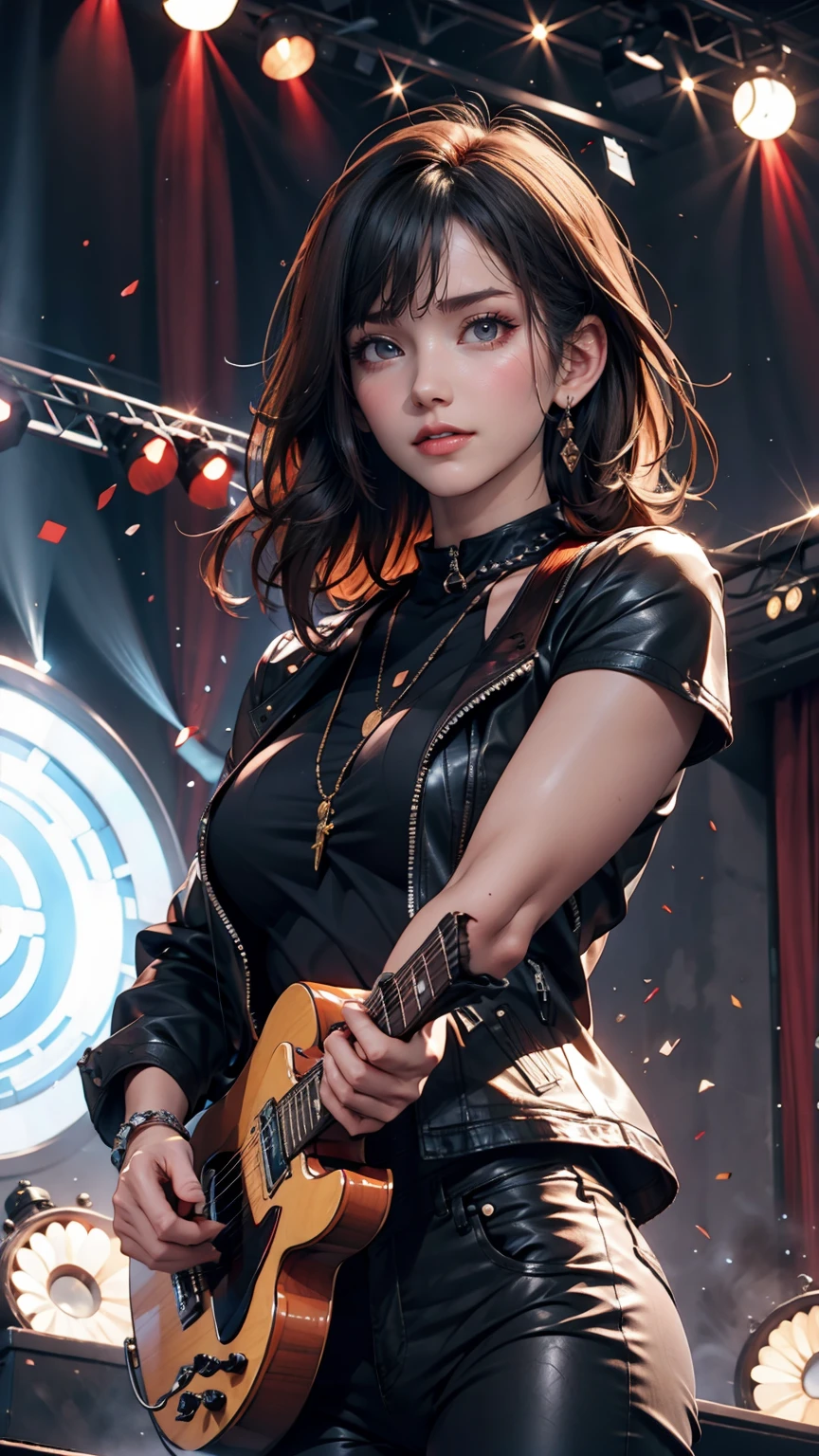 A girl wearing a collar with spikes、24 year old Caucasian female、Sexy proportions、Punk rock fashion、Black Shirt、Leather jacket、Leather leggings、Flashy makeup、long hair、rosary necklace、rosary earrings、Put a spiked bracelet on your wrist、Rock Festival Venues、Go on stage and sing passionately、Lively performances、Colorful spotlight effects