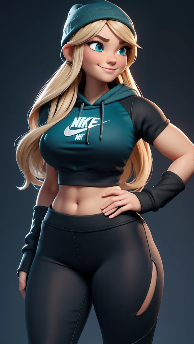  adult woman, cute, teal eyes, smile, stylized, cute smile, very long blonde hair, thin eyebrows, slight freckles, anatomically correct, masterpiece, best high quality, ultra details, ((top quality)), ((masterpiece)) (detailed), cinematic lighting, complex, high detail, sharp focus, huge breasts, Best proportions Four fingers and one thumb, adult, (27 years old), standing, athletic, thick thighs, slim waist, thin waist, soft waist, curvy, curved thighs, thick, wide buttocks, slightly muscular arms, big thighs, black beanie, yoga torn lot holes pants , ( Nike Hoodie), skater woman, adult (( torn clothes nike hoodle))