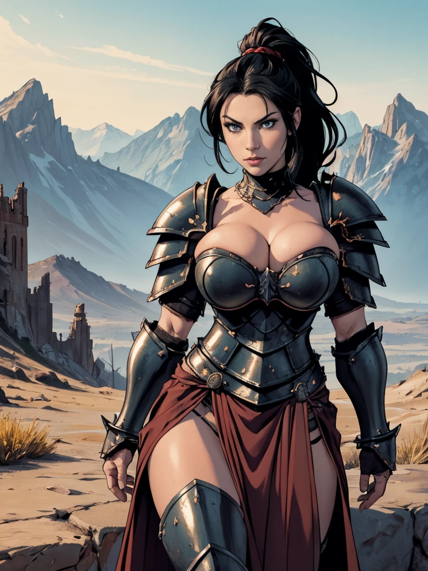 (masterpiece, top quality, best quality, official art, beautiful and aesthetic:1.2), (1girl:1.3), ((Sharp facial features, sharp features, hawkish features)), ((big hair, long black hair, ponytail)), big tiddy chaos warrior girl, extremely detailed, portrait, looking at viewer, solo, (full body:0.6), detailed background, full-body shot, (hot desert mountain theme:1.1), chaos warrior, (spiky helmet), charlatan, smirk, mysterious, swaying in mountains, armor, red metal, brass trim, long boots, dual axes, blood red fabric, pelvic curtain, loincloth, black leather, ((((armor, heavy armor, blood, armored, gigantic breasts, long legs, pelvic curtain, toned, muscular)))), cute belly button, toned tummy, slim waist, slim hips, long legs, medieval (mountain exterior:1.1) background, dark mysterious lighting, shadows, magical atmosphere, dutch angle