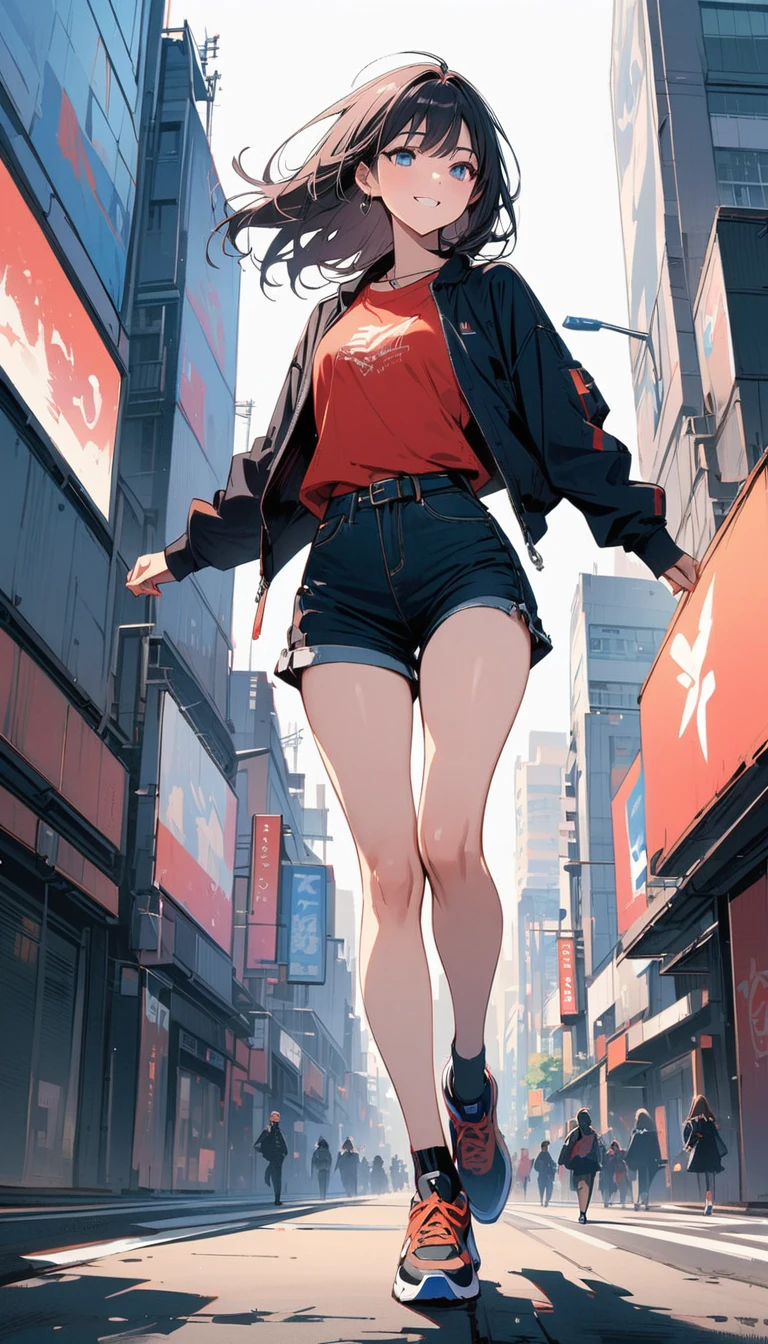 (masterpiece, best quality:1.2), 18 years old, very beautiful girl, alone, Tokyo,Billboard, tall building, happy expression, blue eyes, Accurate face, shirt, hot pants, running shoes, whole body, simple background, Nizi,