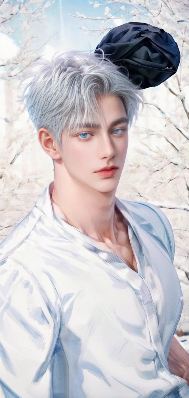 1boy, adult, handsome, perfect face, detailed eyes and face, clean shaved, muscular, capturing a rural atmosphere, dynamic lighting, unreal engine 5, hd picture, satoru gojo, white hair, short hair ,hair between eyes ,blue eyes