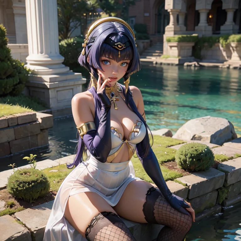 1girl, maid dress, jewelry, purple hair, flowing hair, long hair, white roses, firefly, oriental architecture, maid dress with a short skirt and layers, gold laces, dress with transparency, gold details on her clothes, lake, seat on the water, a garden with lake scenery, more details, perfectly body, perfectly hands, two hands, two legs, two arms, five fingers, glowing hair, best quality, alone, maid headdress, choker, detached sleeves, maid dress, maid dress, strapless, masterpiece, best quality, detailed face, night, asymmetrical gloves, bangs, short skirt , gloves, boots, earrings, elbow gloves, fishnet thigh highs, fish masterpiece, solo, best quality, detailed face, gloves, hair between eyes, jewelry, long hair, looking at viewer, single earring, sky, solo, thigh boots, thigh highs, tongue, tongue out, uneven gloves, sitting