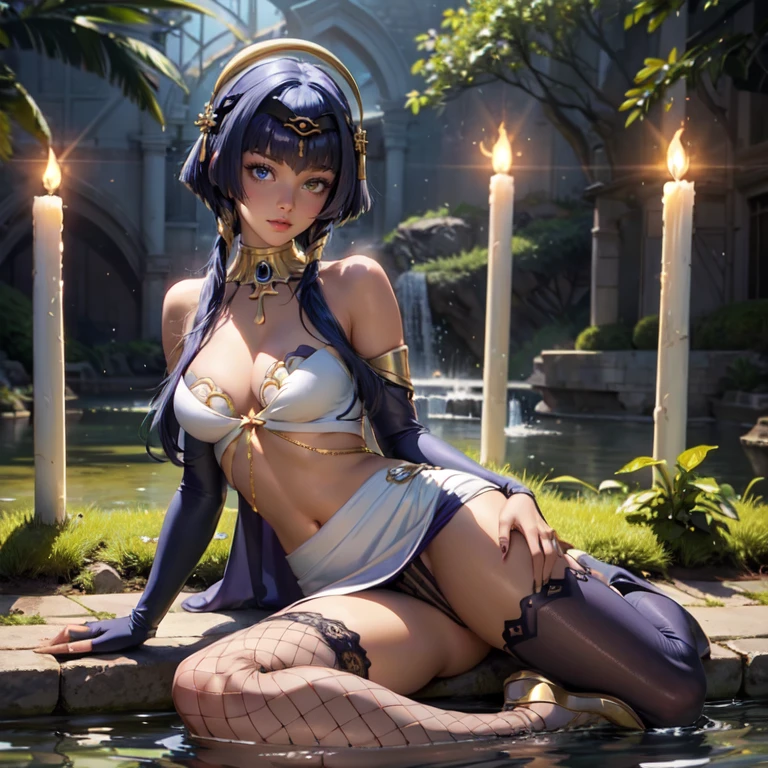 1girl, maid dress, jewelry, purple hair, flowing hair, long hair, white roses, firefly, oriental architecture, maid dress with a short skirt and layers, gold laces, dress with transparency, gold details on her clothes, lake, seat on the water, a garden with lake scenery, more details, perfectly body, perfectly hands, two hands, two legs, two arms, five fingers, glowing hair, best quality, alone, maid headdress, choker, detached sleeves, maid dress, maid dress, strapless, masterpiece, best quality, detailed face, night, asymmetrical gloves, bangs, short skirt , gloves, boots, earrings, elbow gloves, fishnet thigh highs, fish masterpiece, solo, best quality, detailed face, gloves, hair between eyes, jewelry, long hair, looking at viewer, single earring, sky, solo, thigh boots, thigh highs, tongue, tongue out, uneven gloves, sitting