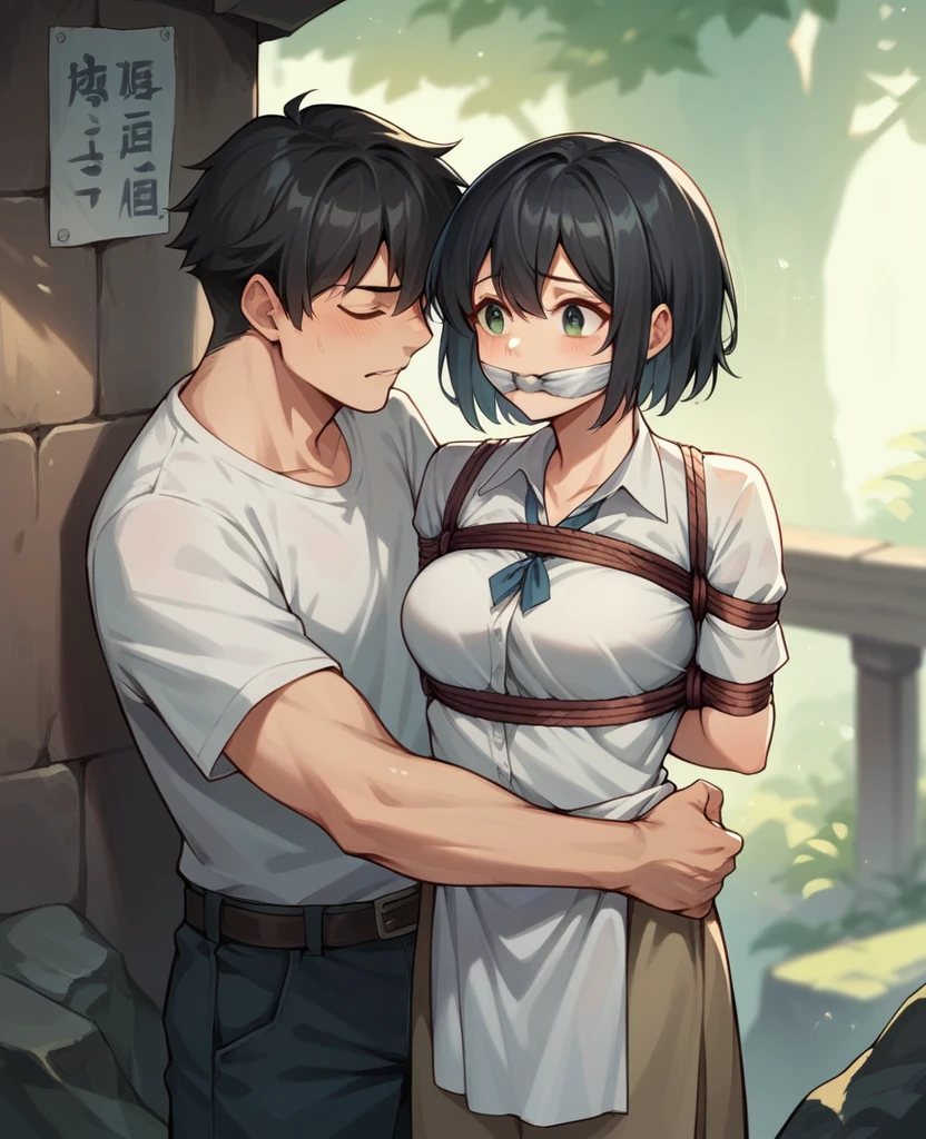 cute girl with long straight hair tied in ropes and gagged with a white cloth being kissed by a boy with short black hair and a rock shirt