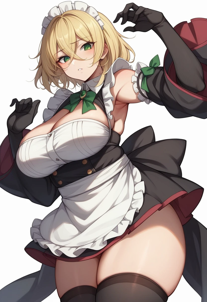 (One girl)、bob cut、flipped hair、((Blonde))、(Sato Air)、Sakuya Izayoi、slan eyes、(Big super breasts)、(Chubby)、beautiful girl、[[Big thighs]]、green eye、(Maid clotheini skirt)、No sleeve、White sleeveless、hairs between eyes、((thigh-high socks thighhighs))、(long gloves)、say、White Background、