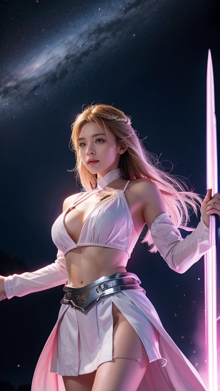 Pink battle uniform、skirt、Goddess of War、Staff、High resolution、Unknown powers、thunder、Wind、inflammation、muscle、Planetary alignment、Starry Sky、Blue light、Laser beam、