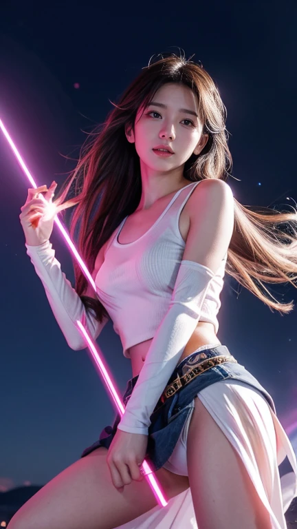Pink battle uniform、skirt、Goddess of War、Staff、High resolution、Unknown powers、thunder、Wind、inflammation、muscle、Planetary alignment、Starry Sky、Blue light、Laser beam、