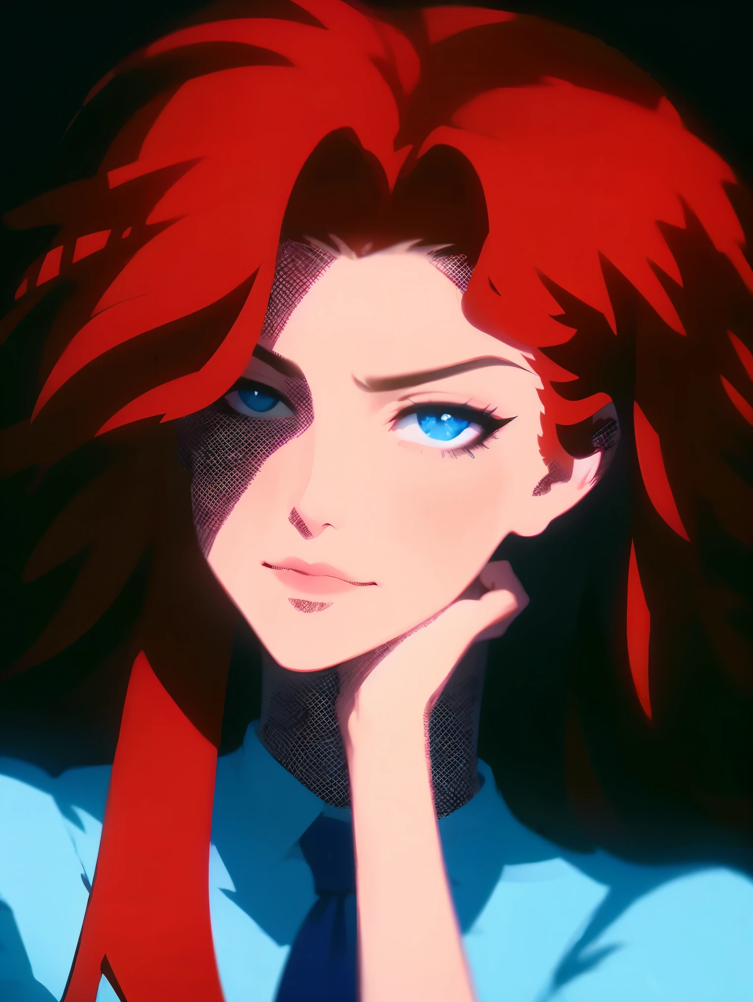 A girl with red wavy hair, detailed facial features, blue tie, praying, red background, best quality, 4k, 8k, highres, masterpiece:1.2, ultra-detailed, realistic, photorealistic, photo-realistic:1.37, HDR, UHD, studio lighting, ultra-fine painting, sharp focus, physically-based rendering, extreme detail description, professional, vivid colors, bokeh, portrait
