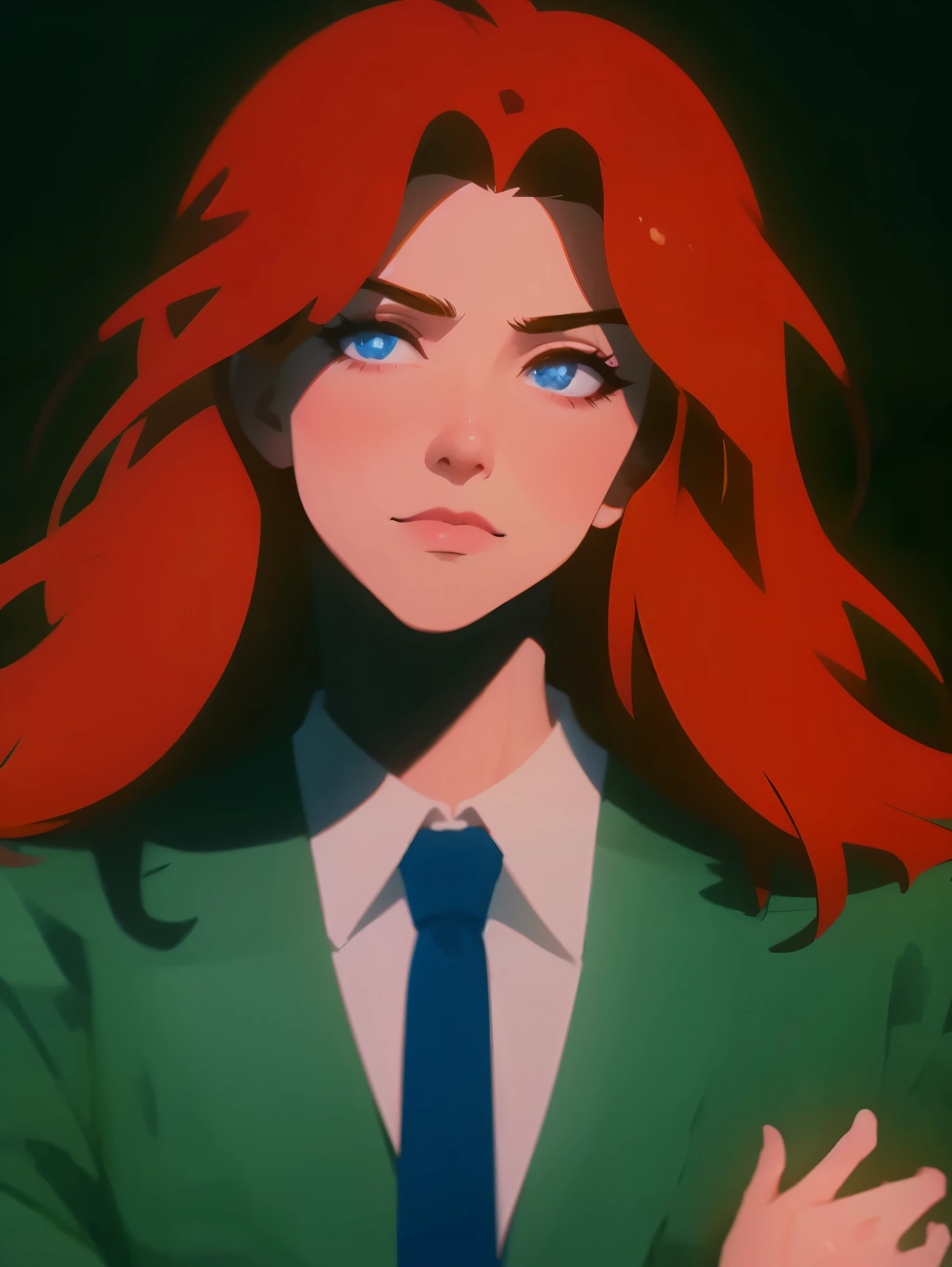 A girl with red wavy hair, detailed facial features, blue tie, praying, red background, best quality, 4k, 8k, highres, masterpiece:1.2, ultra-detailed, realistic, photorealistic, photo-realistic:1.37, HDR, UHD, studio lighting, ultra-fine painting, sharp focus, physically-based rendering, extreme detail description, professional, vivid colors, bokeh, portrait