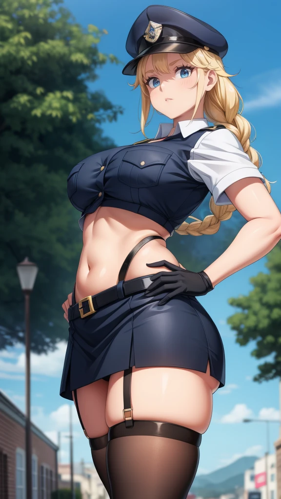 a cartoon character in a sexy suit posing on the street with a bush, policeman, police uniform, 1 girl, policewoman, shirt, skirt, hat, tie, police cap, blue eyes, gloves, breasts, blonde hair , thighs, solo, navel, suspender straps, looking at viewer, short sleeves, large breasts, underwear, miniskirt, midriff, ass visible through thighs, panties, outdoors, indentation, braid, hand on hip, belt, black skirt, uniform, collared shirt, flirty look, thigh highs, peaked cap, crop top, black panties, blue shirt, chest pocket, V-shaped eyebrows, Eiko Tsukimi, blue eyes, braid, twin braid , blonde hair, baseball cap