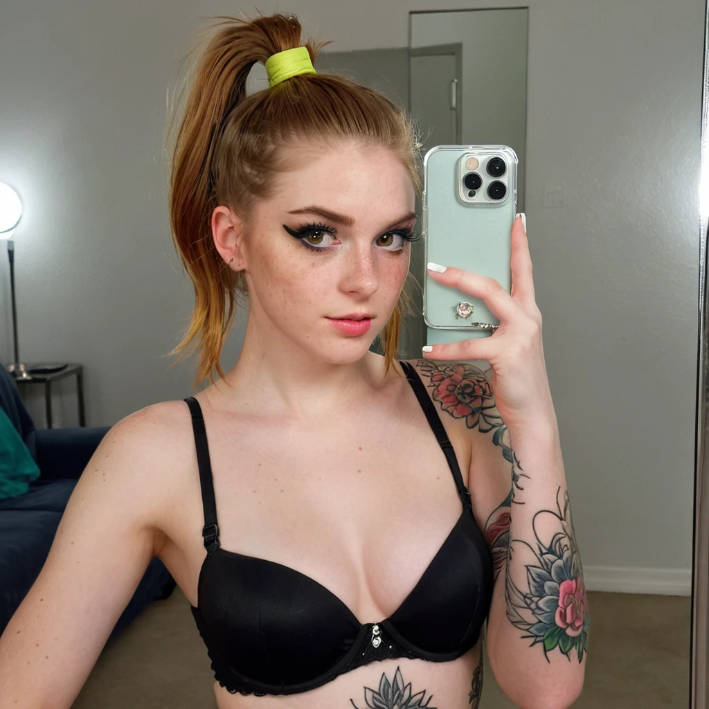 iphone mirror selfie, holding phone, ginger girl, greek, freckles, ponytail wrapped hair, tattoed, black eyes, dark eyes, black bra, 18 years old, punk rock make up