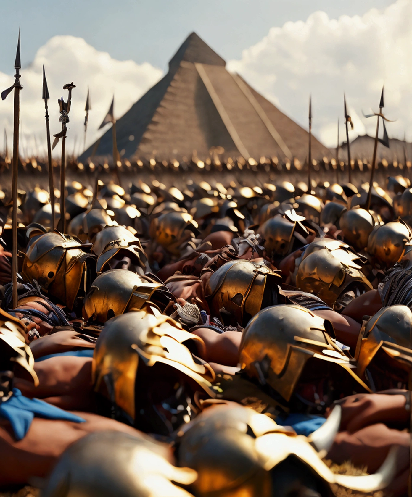 Master Piece, best quality, (extremely detailed CG unity 8k wallpaper), (best quality) 8k detail. A pyramid pile of 300 unconscious male barbarian soldiers defeated in battle. The 300 unconscious barbarian soldiers are piled up on top of each other, one by one. They are clad in armor and helmets. spikes stick out of the pile of bodies. spears with small pennant flags stick out of the pile of bodies. arms, legs and heads stick out of the pile randomly. The pile is 30 feet high.
