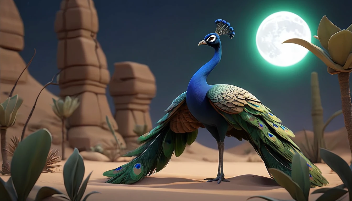 A stunning 3D scene,An oasis in the desert,There are many plants in the oasis,Green plants,There is a bunch of plants on the left,There is a peacock silhouette in the dark night,The silhouette sticks its neck out from a pile of plants。Nightfall,Very dark,In addition to the blue light of the moon that shines all over the desert,No other light