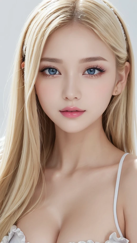 (((White background、rim light、lighting forward、shoot from above、Frills、race、See-through、forehead、White Blonde、Blonde、White Background、Table Shot)))、Northern Europe、Russia、beautiful girl、Platinum Blonde Hair、Straight Long Hair、Big Blue Eyes、Northern Europeの若者、Glowing Skin、Young and beautiful skin、A perfect and beautiful little face、Bright makeup、Pale pink lips、Bright expression、lipstick、Intricate details、High resolution、 Detailed features of face design、Big Breasts、face-friendly lighting