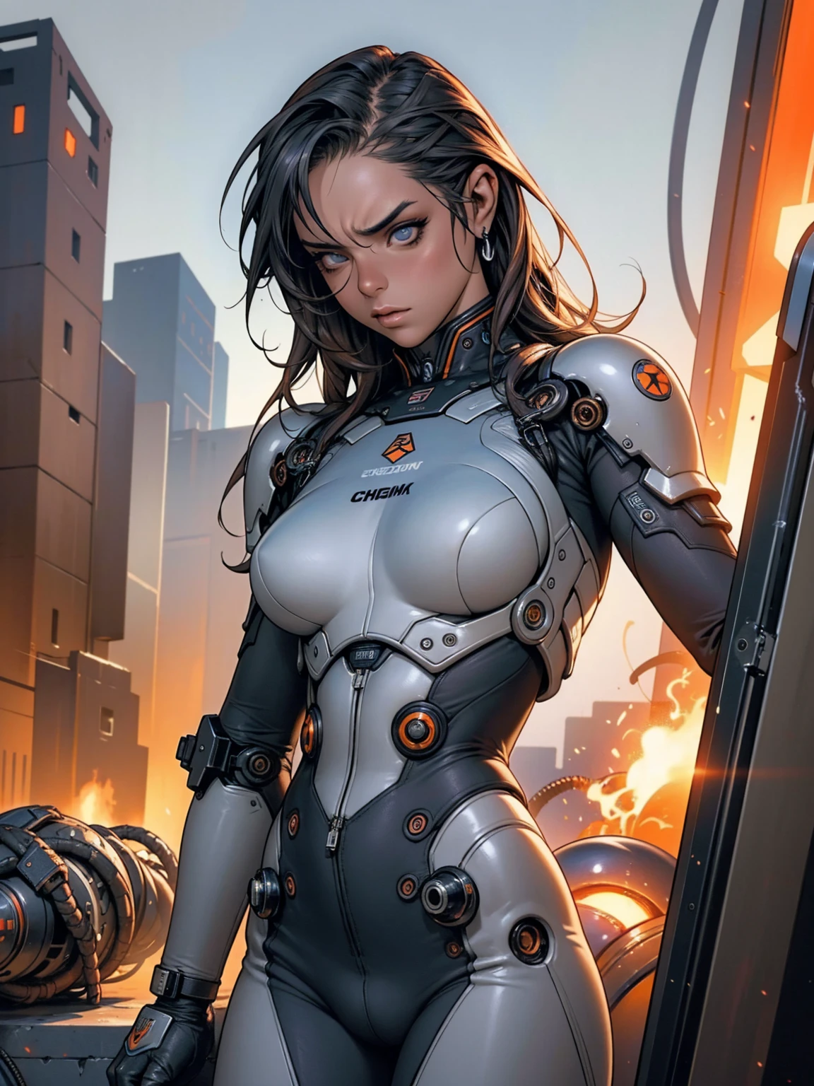 A highly detailed and realistic skull girl,( eyeballs. Taylor Alegria) cyberpunk character, furious mad max, one-handed robot, Cyborg arm, hair orange, dramatic metal heavy rock theme, best qualityer, 8K, hyper realist, photorrealistic, extremely detailed painting, studio lighting, bright coloured, dark and moody atmosphere, cinematic, dramatic pose, intricate mechanical details, glowing energy effects, intense sandy textures, Seamless integration of organic and inorganic elements. Wearing the used clothes of a deserter. fund: An apocalyptic desert. Dusty and depressing.